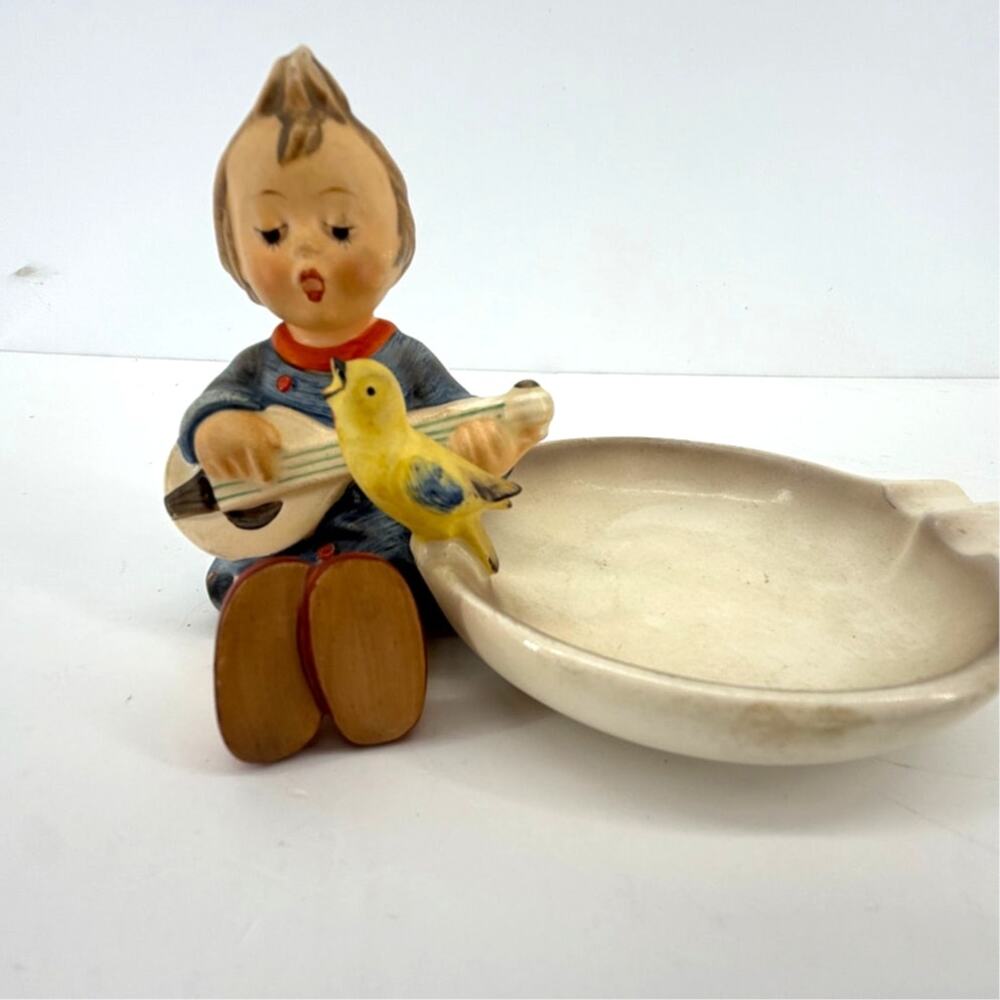 Goebel Hummel Joyful Girl Mandolin Bird Figural Ashtray Porcelain Vintage 4x6